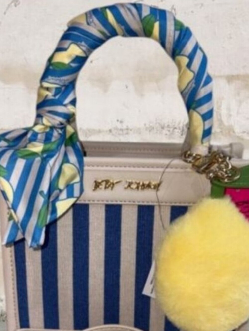 Betsey Johnson Blue Stripe Mini Satchel with Yellow Lemon Pom Charm NWT
